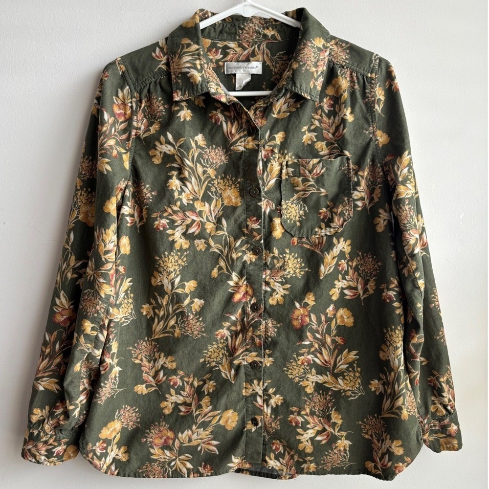 Christopher & Banks Green Floral Corduroy Shirt Women Small